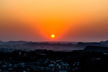 Sunset at Jodhpur city  aerial view from top of Mehrangarh or Mehran Fort
