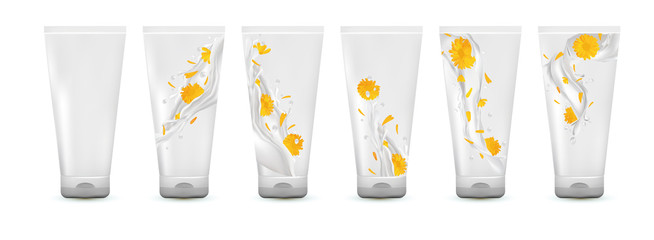 Collection calendula cream in tube. Milk splash with flower marigold. Cosmetic product. Realistic calendula. 3d illustration.