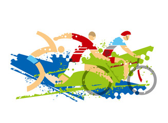 Triathlon Race, fitness outdoor activities. 
Expressive dynamic drawing Three triathlon athletes on the grunge background. Vector available.