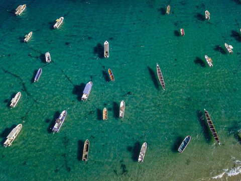 the island gore from which slaves were exported from Africa, turquoise water and yellow sand photographed from the air