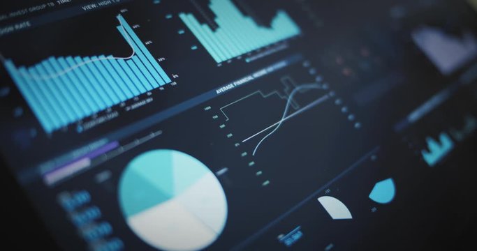 Digital tablet screen with graphs, charts, financial data, developments and data records. Digital generated animation.