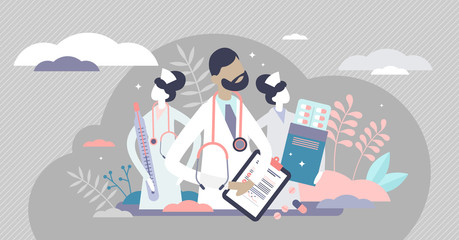 Fototapeta na wymiar Medical team vector illustration. Doctor and nurses flat tiny persons concept
