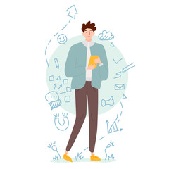 Young student on freelance holds a yellow tablet or phone thinking how to manage his life and work. White doodle background with flowers and office stuff. Vector cartoon colored illustration
