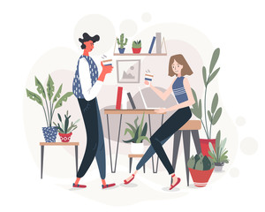Friends, students, workers or colleagues sitting in a comfortable cafe or office with plants on the background, drinking coffee and having a nice conversation, sharing ideas. Vector flat illustration