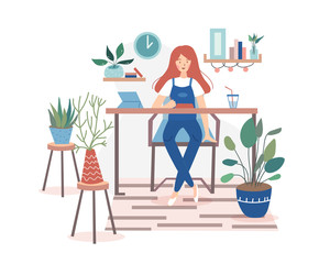Sitting freelancer works at home in room full of green indoor plants and surfs the Internet. Flat vector illustration.