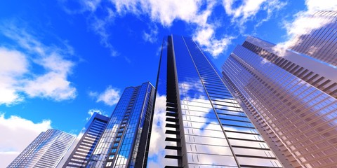 Fototapeta premium Beautiful skyscrapers against the sky, modern high-rise buildings bottom view, 3D rendering