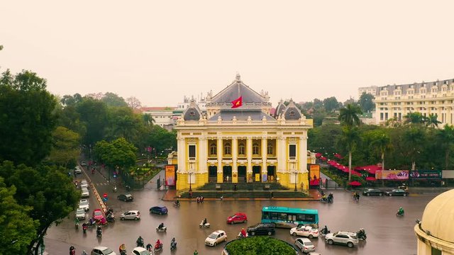 HANOI, VIETNAM - APRIL, 2020: Aerial panorama view of the opera house and roundabout in the city centre of Hanoi.