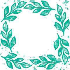 green watercolor leaves with pink flowers pattern isolated on white background with watercolor splashes