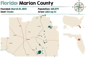 Large and detailed map of Marion county in Florida, USA.