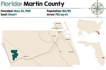 Large and detailed map of Martin county in Florida, USA. - obrazy, fototapety, plakaty