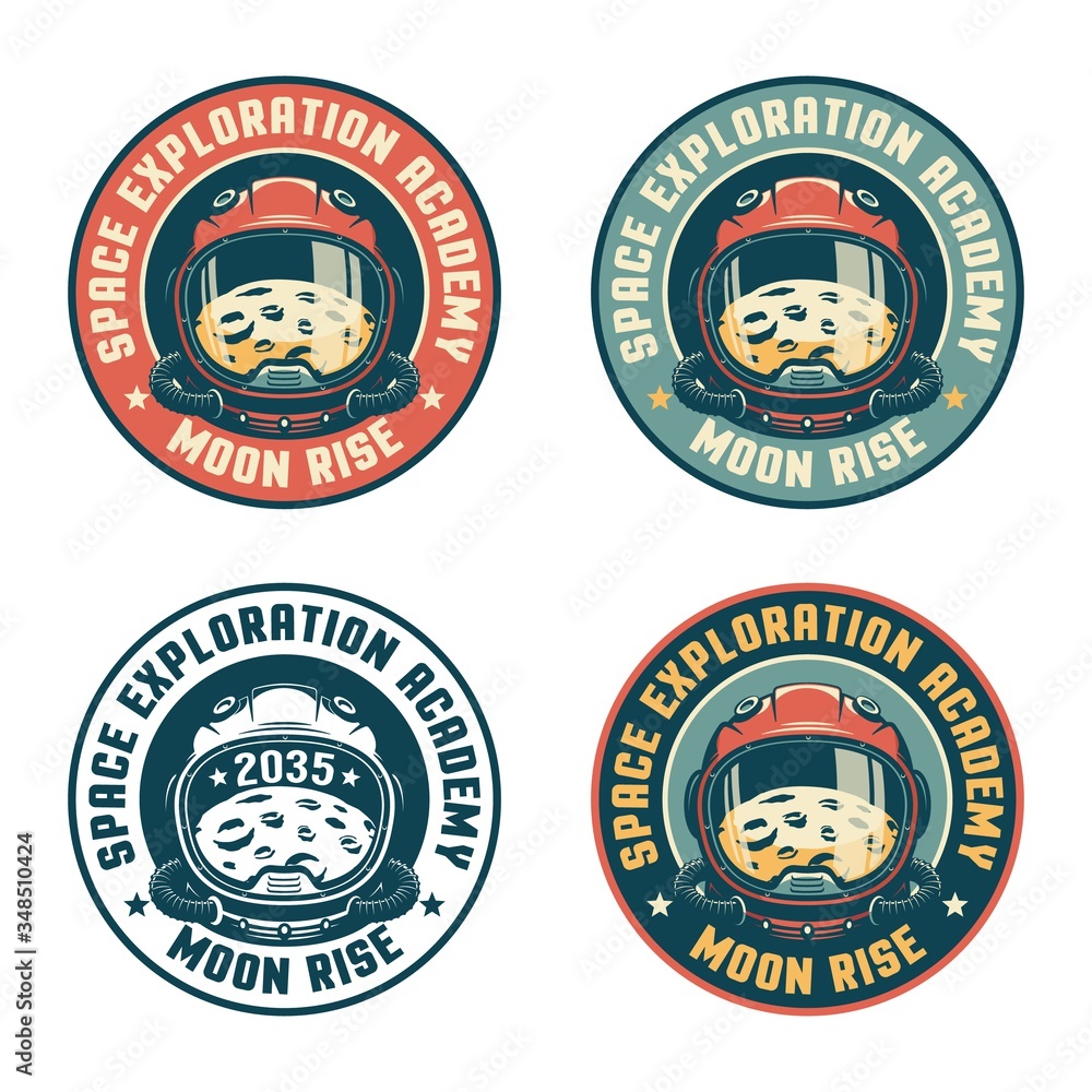 Wall mural retro space badge with astronaut helmet and moon. vintage spaceman emblem with planet. vector illust