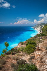 Porto Katsiki, the famous beach, with turquoise water of the Mediteranean sea and white cliffs,