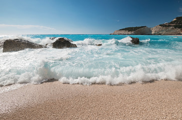 Porto Katsiki, the famous beach, with turquoise water of the Mediteranean sea and white cliffs,