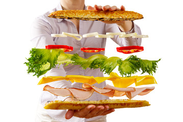 flying sandwich. Flying layers of sandwich. Well roasted patty, Ham, cheese and vegetables between...
