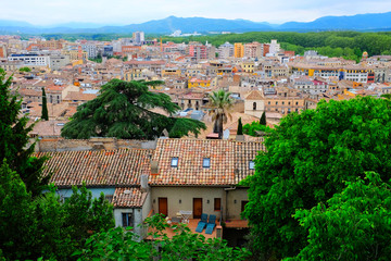 Fototapeta na wymiar A beautiful view of Girona, Spain. A beautiful old city perfect for traveling and exploring with mountains in the background and colourful buildings with lots of nature. 