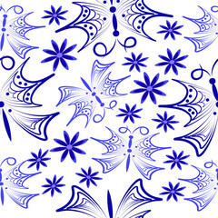 Blue abstract butterflies seamless pattern.
