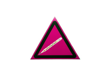 triangular warning sign in maroon with mercury thermometer concept on a white background