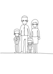 One continuous line drawing,  Family, parents, children wear masks.