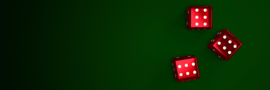 Transparent red dice are falling on the green felt table. The concept of dice gambling in casinos. 3D Rendering