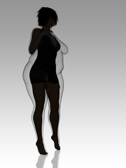 Conceptual fat overweight obese female vs slim fit healthy body after weight loss or diet with muscles thin young woman on gray. A fitness, nutrition or fatness obesity, health shape 3D illustration