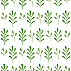 Tender ornament of green watercolor leaves on white background. Minimal seamless pattern for textile and packaging design. Rustic style