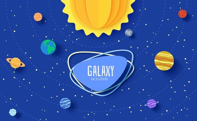 Fototapeta premium Solar system model in paper cut style. Cartoon planets, red polygonal rocket and origami UFO. 3d vector background with flying saucer in starry night sky. Children's illustration of paper craft galaxy