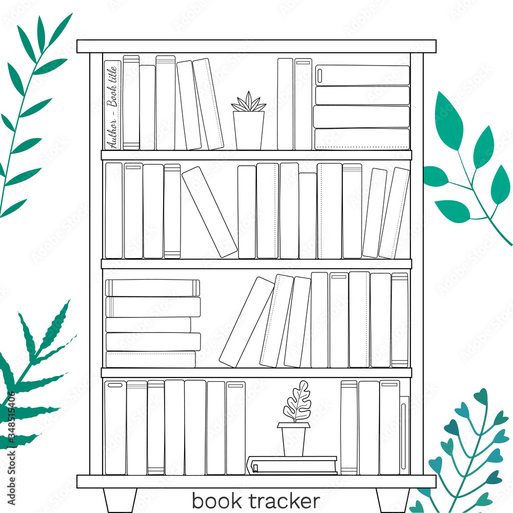 Wall mural vector illustration for printable with bookcase on white background. minimalist planner of reading f