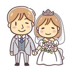 結婚式のカップルのイラスト（ウエディングドレス・洋装）