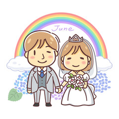 ジューンブライドのカップルのイラスト（ウエディングドレス・洋装）