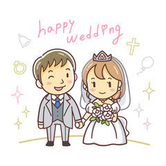 結婚式のカップルのイラスト・文字入り（ウエディングドレス・洋装・婚活）