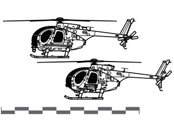 MD Helicopters MH-6, AH-6 Little Bird. Vector drawing of light attack helicopters for special operations. Side view. Image for illustration and  infographics.