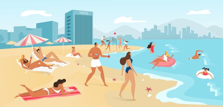 People on summer beach landscape, travel to tropical sea concept, sunbathing and swimming in ocean, resort flat vector illustration. People in swimming suits on sand, holiday in hotels on seaside.