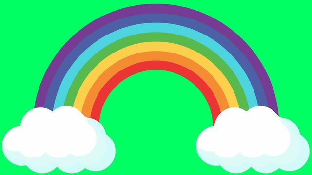 Animated rainbow appears from clouds. Bright vector illustration isolated on green background.
