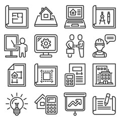 Project and Building Design Icons Set. Line Style Vector
