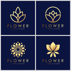 set of golden Minimalist elegant flower logo design. Cosmetics, yoga and spa logo design inspiration.