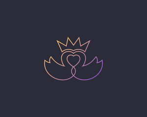 Obraz premium Abstract line swan couple logo design. Crown heard love vector logotype.