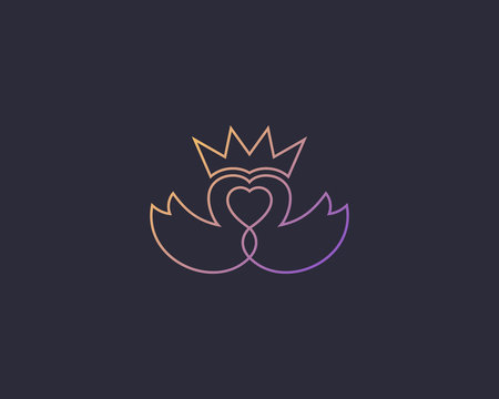 Abstract line swan couple logo design. Crown heard love vector logotype.