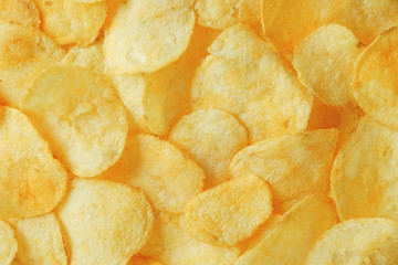 Potato chips snack as background image texture background. Top view. Copy, empty space for text