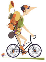 Smiling traveler in helmet with rucksack and outfit rides a bike and looks healthy and happy isolated on white illustration
