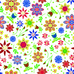 Seamless vector pattern with summer flowers on white background. Happy artistic floral wallpaper design. Hippy festival fabric fashion.