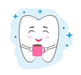The tooth holds a mug of coffee. Concept of teeth whitening, yellowing of teeth. Vector.
