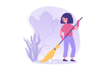 Volunteering, work, environment, care concept. Illustration of girl worker environment friendly volunteer teenager with broom in park. Saving planet. Ecological care. Cleaning nature from garbage