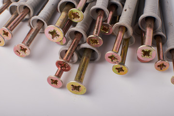 Fototapeta premium Screws with plastic dowels isolated on a white background