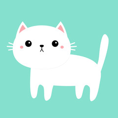 White cat kitten kitty icon. Funny face. Cute kawaii cartoon character. Scandinavian style. Baby greeting card tshirt sticker template. Happy Valentines Day. Isolated. Blue background. Flat design.