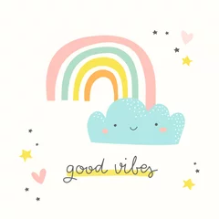  Good vibes. Cute greeting card with colorful rainbow and smiling cloud. Kids room poster, baby nursery,  greeting card, clothing. © mgdrachal