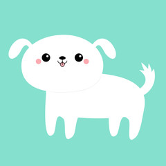 White dog puppy icon. Funny face. Cute kawaii cartoon character. Scandinavian style. Baby greeting card tshirt sticker template. Happy Valentines Day. Isolated. Blue background. Flat design.