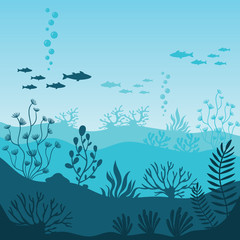 Fototapeta na wymiar Marine underwater life. Silhouette of coral reef with fishes on bottom in blue sea. Tropical sea with seaweed and its inhabitants vector illustration. Beautiful marine underwater wildlife vector.