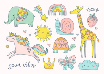 Set of cute hand drawn childish illustration. Animal, fairytale, summer characters for kids and baby. Elephant, unicorn, giraffe, sun, rainbow, snail, butterfly. Posters, greeting cards, apparel. 