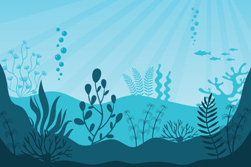 Fototapeta na wymiar Marine life. Beautiful marine ecosystem and wildlife on bottom in blue ocean. Underwater sea fauna with coral reef, seaweed, plants and fishes silhouettes. Undersea world vector illustration.