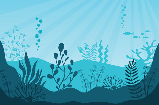 Marine Life. Beautiful Marine Ecosystem And Wildlife On Bottom In Blue Ocean. Underwater Sea Fauna With Coral Reef, Seaweed, Plants And Fishes Silhouettes. Undersea World Vector Illustration.